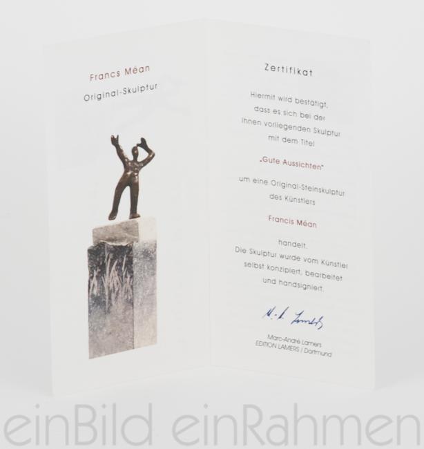 Echtheitszertifikat der Bronzestatue "Gute Aussichten" von dem Bildhauer Francis Méan in der Kunstgallerie einBild